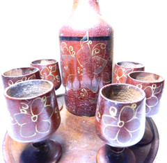 Unbranded~Wooden Folk Art Decanter with 6 Stem Cups and Serving Tray Vintage