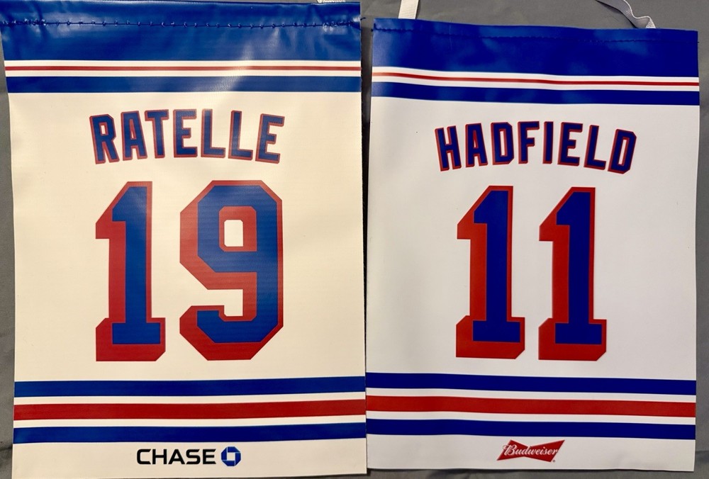 NY RANGERS BANNER SET JEAN RATELLE VIC HADFIELD RETIREMENT NIGHT MSG GAG LINE