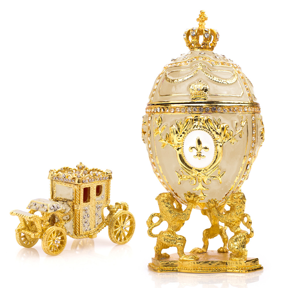 Royal Imperial Beige / Cream Faberge Egg Replica Large 6.6″ + Carriage by Vtry