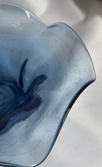 Hand Blown Art Glass Bowl – Blue Clear – Ruffled Edge – Vintage MCM – 10”