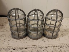 3 Vtg Cast Aluminum Light Bulb Cage & Glass Insert Lamp Industrial MCM
