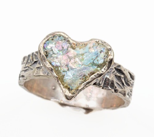 Roman Glass Sterling Silver 925 Heart Ring Ancient Bluish Fragment 200 B.C Size7