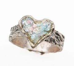 Roman Glass Sterling Silver 925 Heart Ring Ancient Bluish Fragment 200 B.C Size7