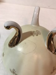 Vintage Lefton China Gold Green Victorian Couple Lidded Dish Footed 1616 6″ X 4″