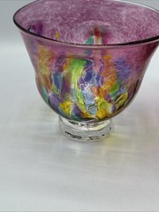 2 Vtg Kitras Art Glass Hand Blown Bowl with Pedestal Decor Multi Colour Signed