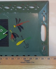 VTG MCM Pierced Metal Toleware Tole Serving Tray Handpainted Fish and Lures VGUC