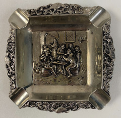 Antique Collectible Metal Cigarette Ashtray Men Sitting Around A Table Rare
