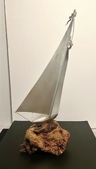 DEMOTT signed Tall Silver Metal Sail Boat Sculpture on Driftwood Base Vintage