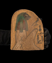 Authentic Ancient Egyptian Antiques Painted Horus Falcon Wooden Stela Figure BC