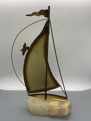 Vintage DeMott Signed Brass Sailboat Rock Quartz Base Nautical Boat Sculpture