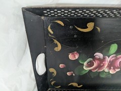 Old Vintage Hand Painted Tole Tray Floral Tin Roses Metal Shabby Farmhouse Black