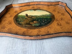 Antique Vintage Tin Painted Metal Pheasant Hunting Serving Tray Toleware
