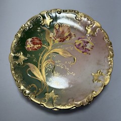 GDA Antique France Porcelain Limoges Hand Painted Tulips Green Gold Art Nouveau
