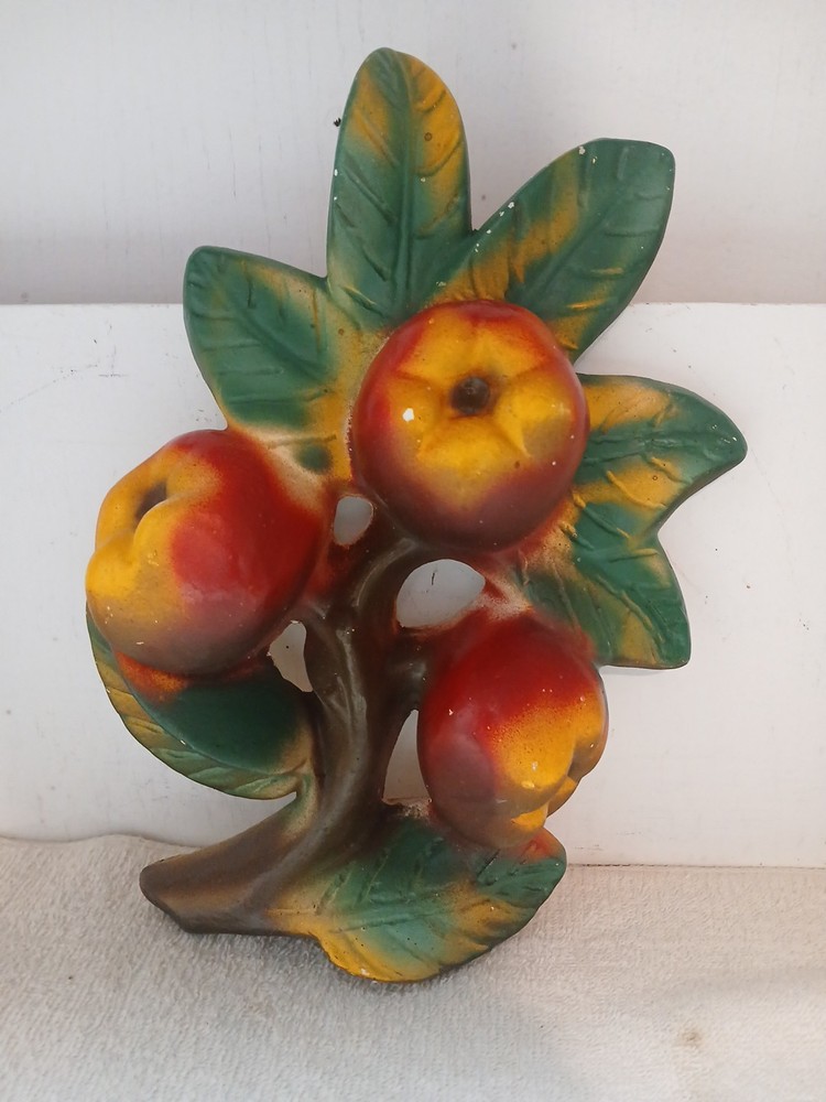 Vtg Chalkware Fruit Plaque 3D Relief Apples On A Branch Retro MCM Wall Decor