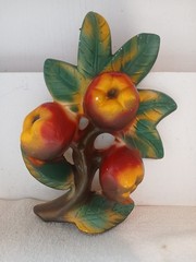 Vtg Chalkware Fruit Plaque 3D Relief Apples On A Branch Retro MCM Wall Decor