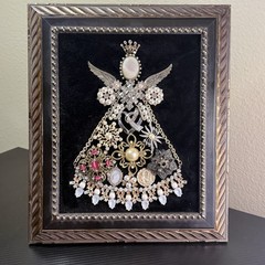 Framed Rhinestone & Faux Pearl Angel Jewelry Collage Wall Decor Art