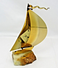 Vintage DeMott Signed Brass Metal Sail Boat Sculpture Onyx Base Nautical 8″