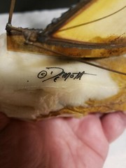 John Demott Signed Single Sail Brass Sailboat Mounted Onyx Stone w/ Seagull VTG