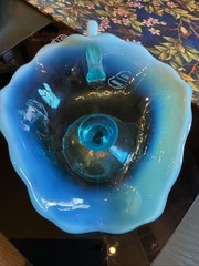 Antique 7” Dugan Glass Blue Opalescent Rayed Jane Footed Nappy Dish
