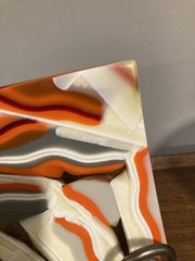 Hand Made Fused Art Glass Trinket Dish Plate Orange Gray Cream Swirl Curved