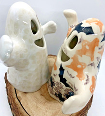 2 Polish Pottery Ceramic Ghost Lantern Figurines White Lace and BOO
