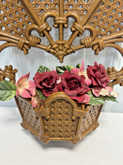 Burwood Vtg HOMCO 1981 Brown Faux Wicker Rattan Pocket Wall Decor w/ Flower Ring