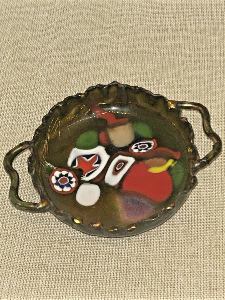 Art Enamel Millefiori on Copper Multicolor Miniature Trinket Tray Signed