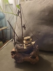 VTG Signed DeMott De Mott Fishing Trawler Shrimp Boat Burl Wood Base Nautical