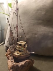 VTG Signed DeMott De Mott Fishing Trawler Shrimp Boat Burl Wood Base Nautical