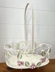 Vintage Tole Style Rose Basket Metal Shabby Chic Cottage Decor