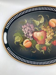 Vintage Tole Tray Hand Painted Fruit Gold Trim Pierced 17 1/2″ L x 13 W