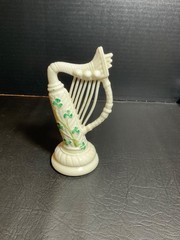 Vintage Belleek 6” Shamrock Harp handmade in Ireland Green Mark Excellent