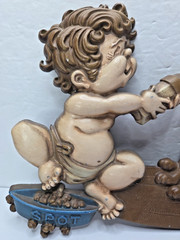 Vtg Sexton Cast Metal Bathroom Wall Plaque Boy Dog Spot 1976 USA Wall Hanger