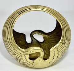 Vintage MCM Solid Brass Swan Planter Bowl Catchall with Handle ~Korea