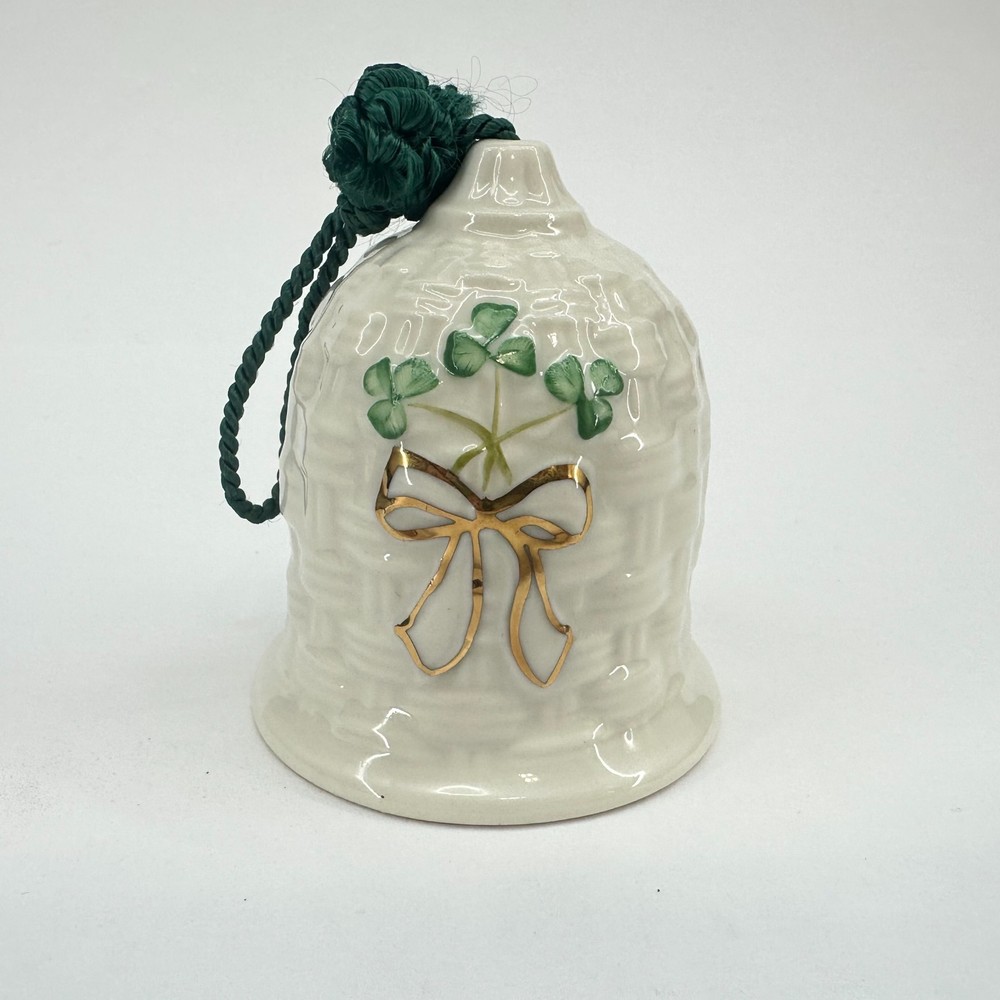 Belleek Ireland Shamrock Basketweave & Gold Bow Bell. Christmas or wedding