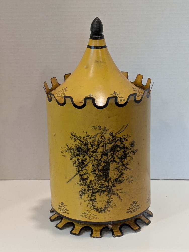 Vintage Italian toleware covered urn cachepot metal footed base Italy bird 13.5″