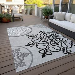 10′ X 14′ Gray Black And White Floral Medallion Washable Rug