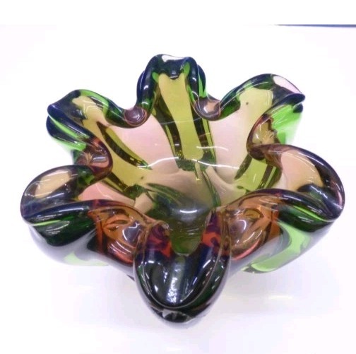Vintage Murano Hand Blown Green & Amber Art Glass Centerpiece Bowl.