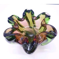 Vintage Murano Hand Blown Green & Amber Art Glass Centerpiece Bowl.