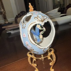 FABERGE Blue Bird Sparrow Three Dimensional Silhouette Egg GOLD STAND Porcelain