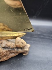 Demott Brass Sailboat Signed Driftwood Base Metal Art Pennant 60s Vtg