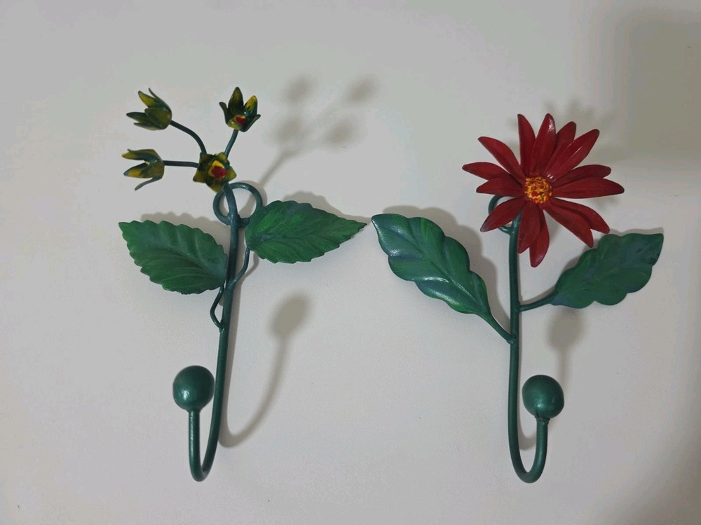 Vintage Italian Tole Toleware Flower Wall Hooks Mid Century