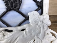 Vintage ART NOUVEAU HEAVY Figural Painted Cast Iron Easel Stained Glass Panel