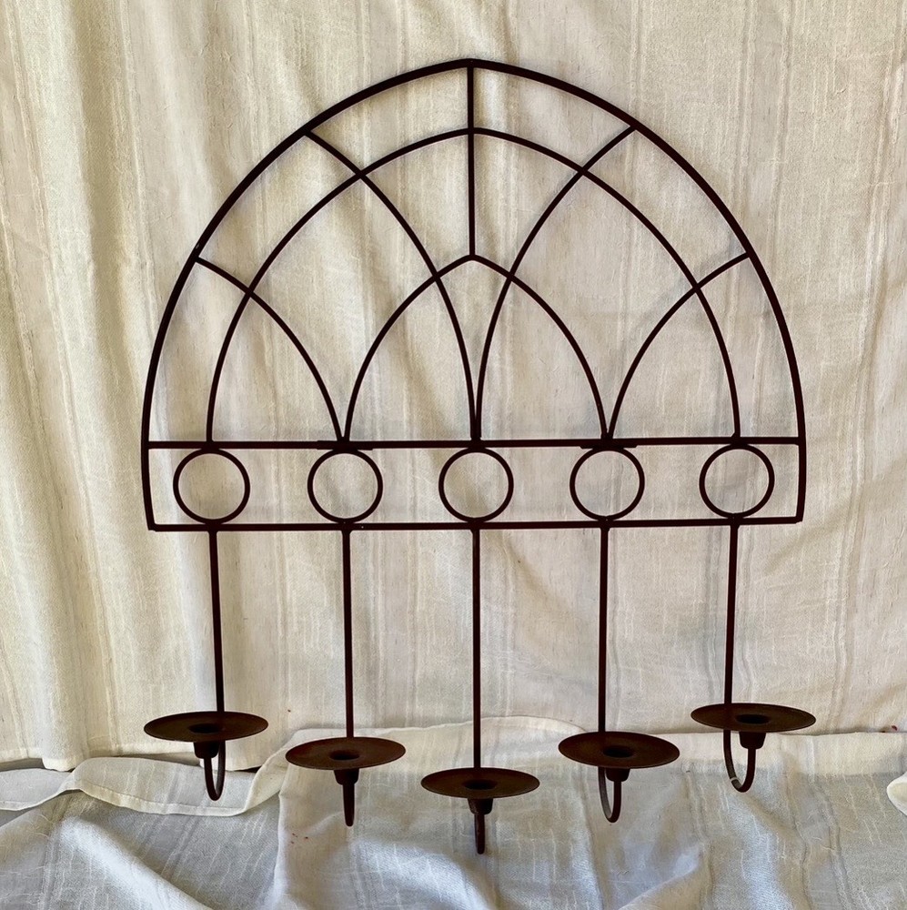 VINTAGE ORNATE CHURCH GOTH ARCHED METAL WALL DECOR WITH A FOLD DOWN CANDLE SHELF