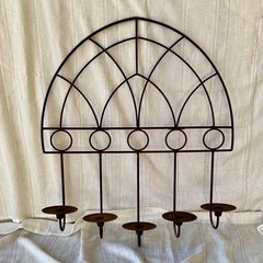 VINTAGE ORNATE CHURCH GOTH ARCHED METAL WALL DECOR WITH A FOLD DOWN CANDLE SHELF