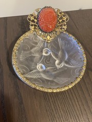 French Ormolu Dish~Frosted Glass Birds And Gilt Brass Trimmed With Carved Cameo.