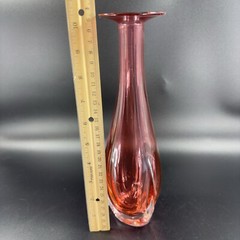 1990s Hand Blown Glass Vase Artist Signed Cranberry Faceted Glass Vase Vintage