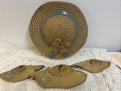 Vintage Home Interiors Burwood Blue Ribbon Bonnet Straw Hats Wall Decor Lot Of 4
