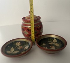 Traditional Folk Art Russian Khokhloma Lacquerware Hand Painted Pot Lid & Bowls.