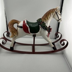 Rare Vintage Christmas Rocking horse Ceramic W/Metal. Ledge/shelf Decor 15 X 10